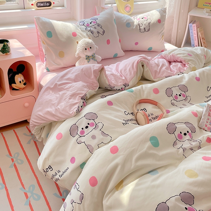 91家纺网 家纺一手货源 找家纺 思诺羽床笠 2025春夏新款小清新105克高克重水洗棉印花四件套 斑点狗