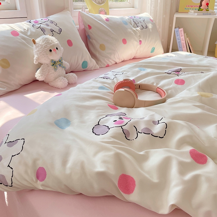 91家纺网 家纺一手货源 找家纺 思诺羽床笠 2025春夏新款小清新105克高克重水洗棉印花四件套 斑点狗