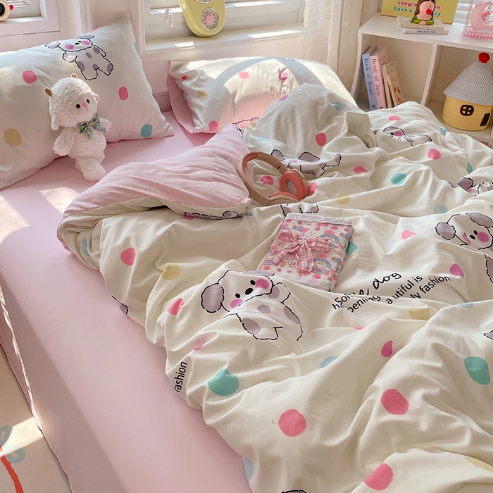 91家纺网 家纺一手货源 找家纺 思诺羽床笠 2025春夏新款小清新105克高克重水洗棉印花四件套 斑点狗