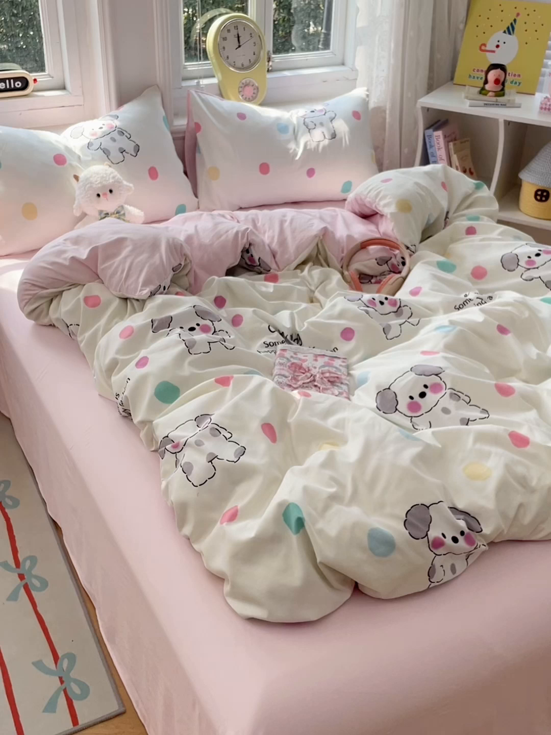 91家纺网 家纺一手货源 找家纺 思诺羽床笠 2025春夏新款小清新105克高克重水洗棉印花四件套 斑点狗