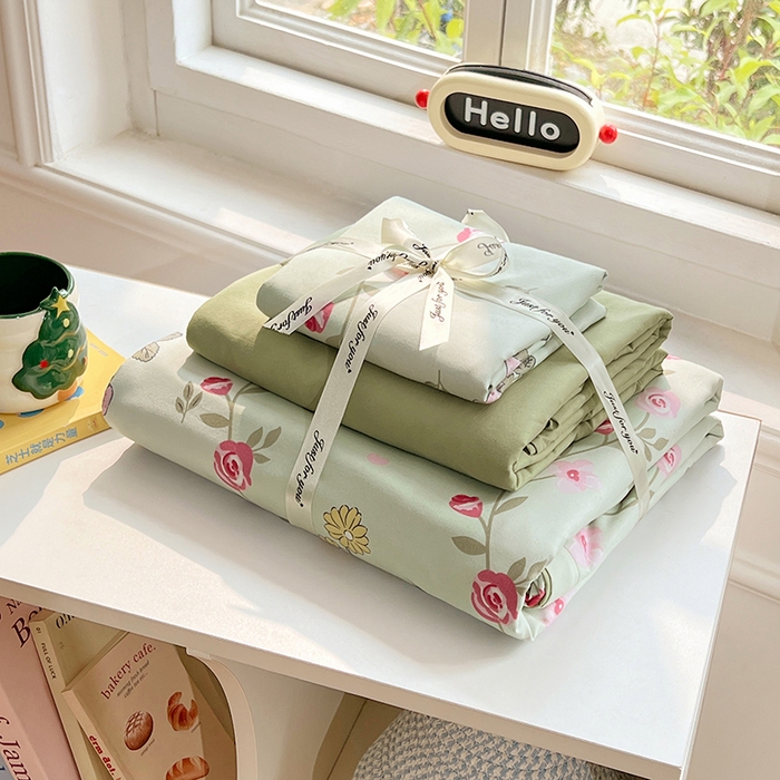 91家纺网 家纺一手货源 找家纺 思诺羽床笠 2025春夏新款小清新105克高克重水洗棉印花四件套 春日