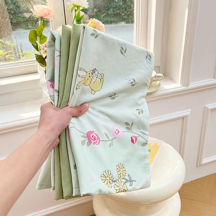 91家纺网 家纺一手货源 找家纺 思诺羽床笠 2025春夏新款小清新105克高克重水洗棉印花四件套 春日