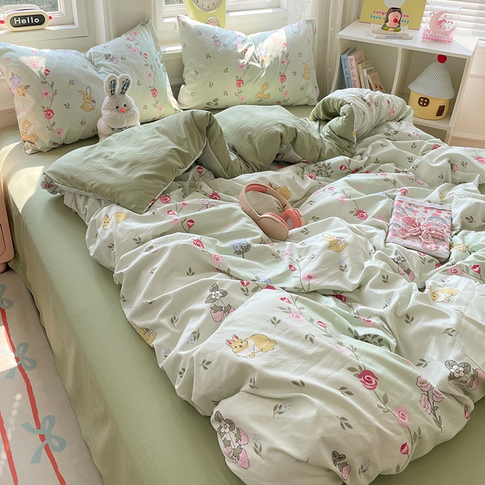 91家纺网 家纺一手货源 找家纺 思诺羽床笠 2025春夏新款小清新105克高克重水洗棉印花四件套 春日