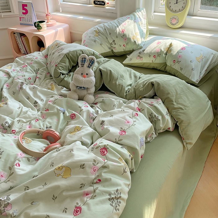 91家纺网 家纺一手货源 找家纺 思诺羽床笠 2025春夏新款小清新105克高克重水洗棉印花四件套 春日