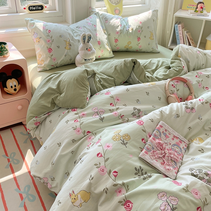 91家纺网 家纺一手货源 找家纺 思诺羽床笠 2025春夏新款小清新105克高克重水洗棉印花四件套 春日