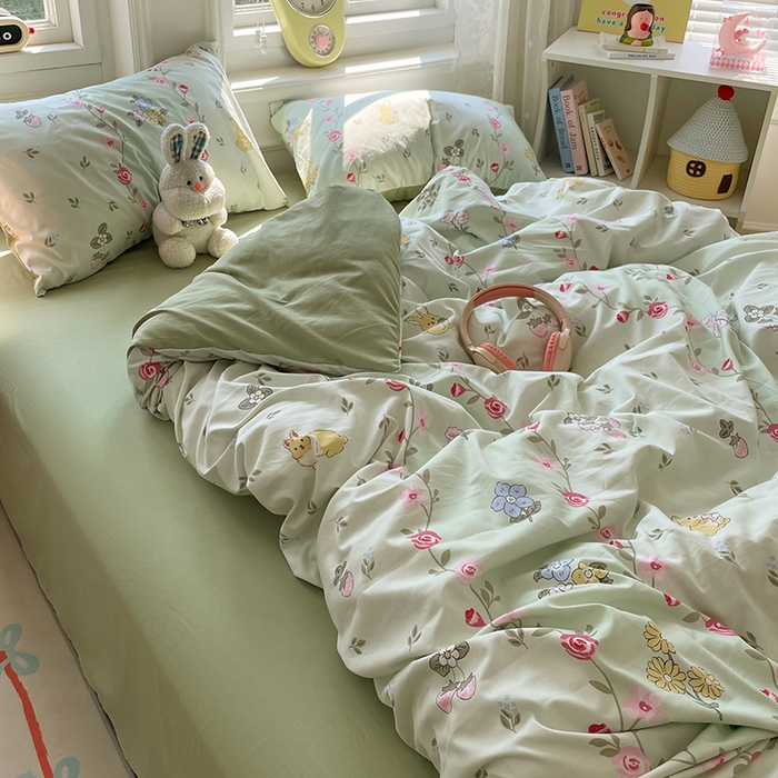 91家纺网 家纺一手货源 找家纺 思诺羽床笠 2025春夏新款小清新105克高克重水洗棉印花四件套 春日