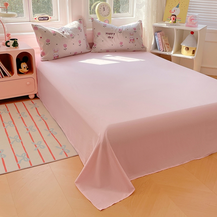 91家纺网 家纺一手货源 找家纺 思诺羽床笠 2025春夏新款小清新105克高克重水洗棉印花四件套 花园小兔