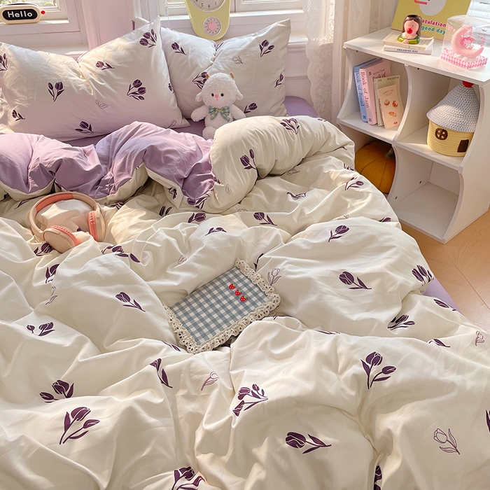 91家纺网 家纺一手货源 找家纺 思诺羽床笠 2025春夏新款小清新105克高克重水洗棉印花四件套 锦夏