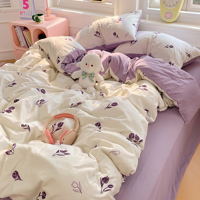 91家纺网 家纺一手货源 找家纺 思诺羽床笠 2025春夏新款小清新105克高克重水洗棉印花四件套 锦夏