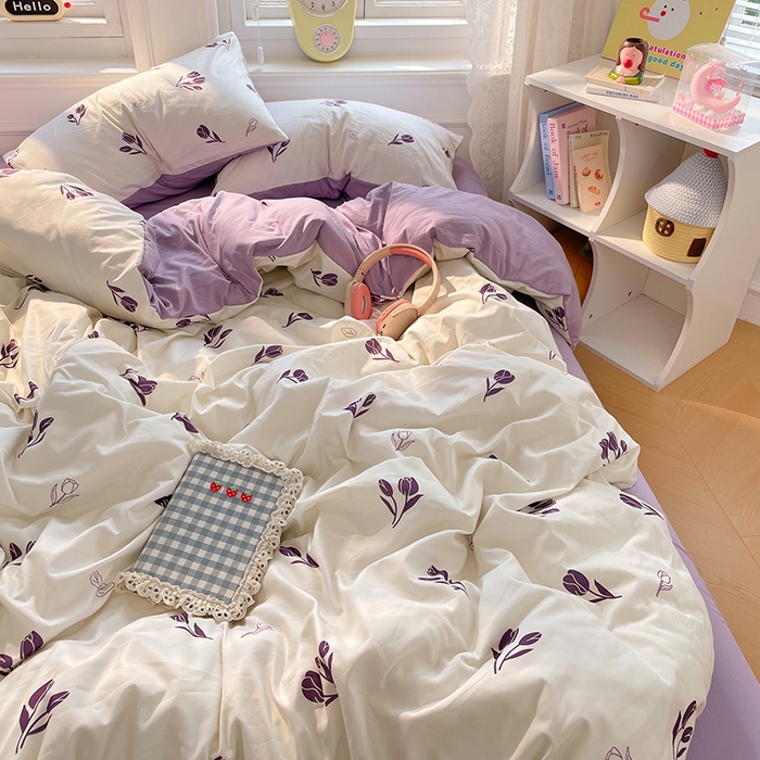 91家纺网 家纺一手货源 找家纺 思诺羽床笠 2025春夏新款小清新105克高克重水洗棉印花四件套 锦夏