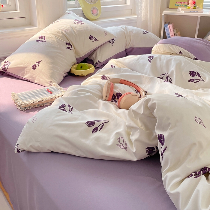 91家纺网 家纺一手货源 找家纺 思诺羽床笠 2025春夏新款小清新105克高克重水洗棉印花四件套 锦夏