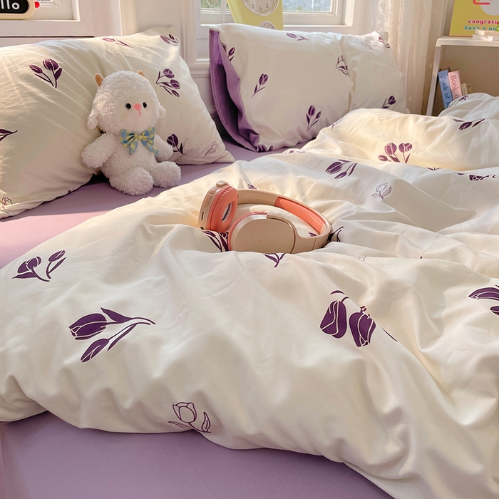 91家纺网 家纺一手货源 找家纺 思诺羽床笠 2025春夏新款小清新105克高克重水洗棉印花四件套 锦夏