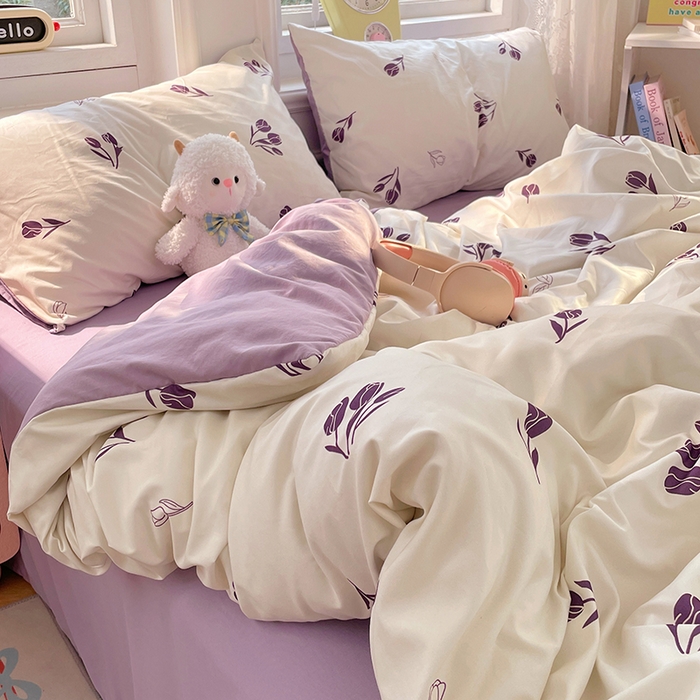 91家纺网 家纺一手货源 找家纺 思诺羽床笠 2025春夏新款小清新105克高克重水洗棉印花四件套 锦夏