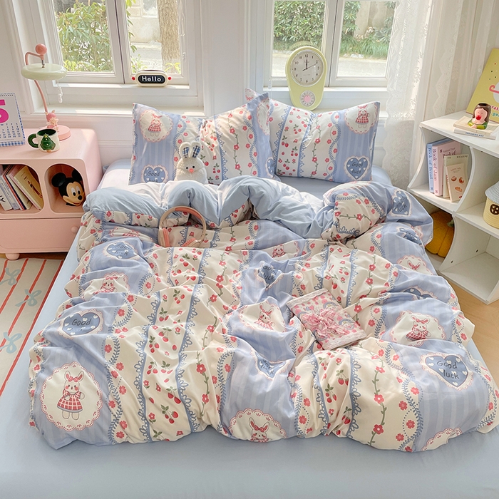 91家纺网 家纺一手货源 找家纺 思诺羽床笠 2025春夏新款小清新105克高克重水洗棉印花四件套 浪漫花园