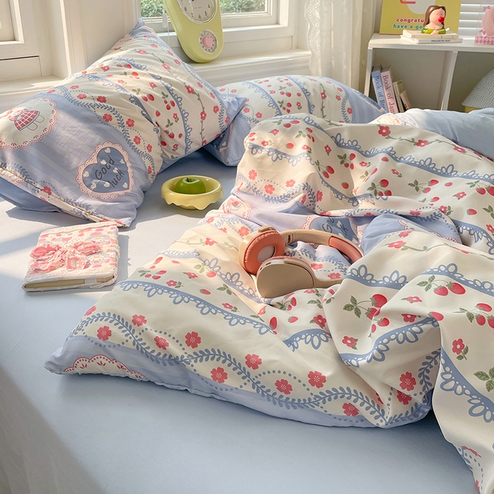 91家纺网 家纺一手货源 找家纺 思诺羽床笠 2025春夏新款小清新105克高克重水洗棉印花四件套 浪漫花园