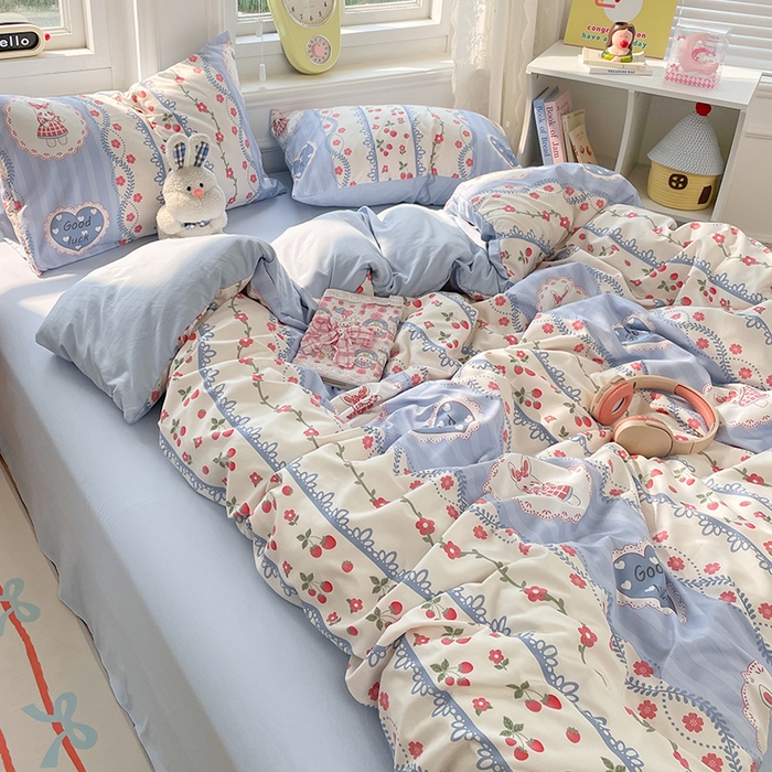 91家纺网 家纺一手货源 找家纺 思诺羽床笠 2025春夏新款小清新105克高克重水洗棉印花四件套 浪漫花园