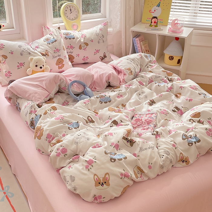 91家纺网 家纺一手货源 找家纺 思诺羽床笠 2025春夏新款小清新105克高克重水洗棉印花四件套 萌宠之家