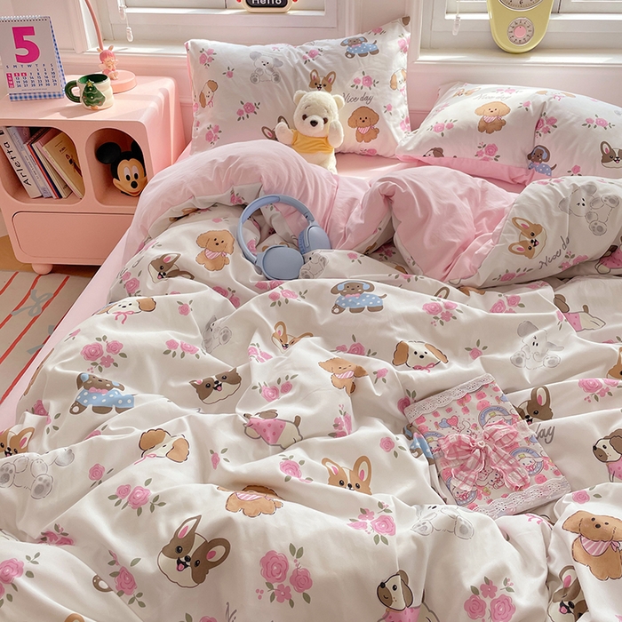 91家纺网 家纺一手货源 找家纺 思诺羽床笠 2025春夏新款小清新105克高克重水洗棉印花四件套 萌宠之家