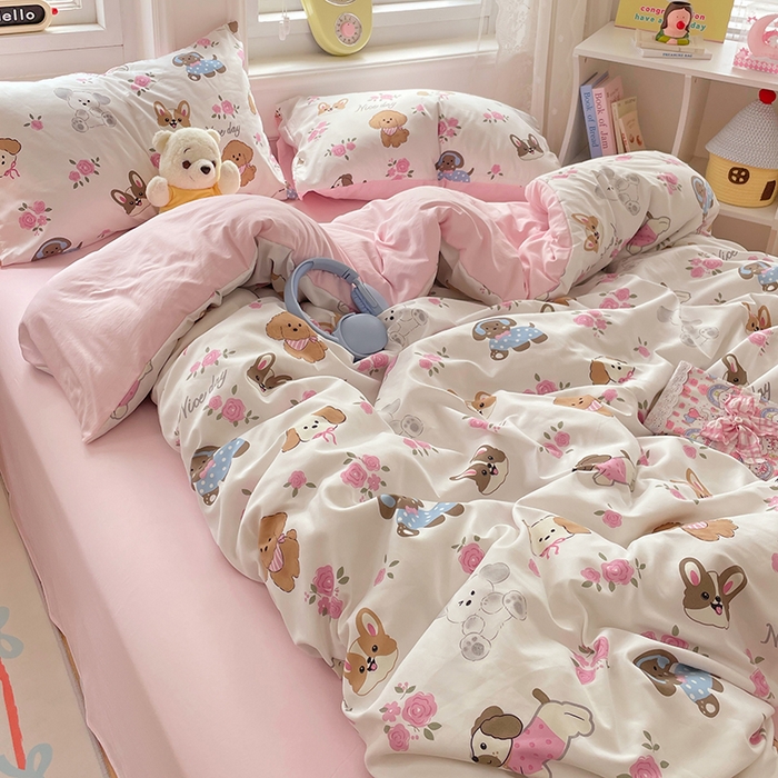 91家纺网 家纺一手货源 找家纺 思诺羽床笠 2025春夏新款小清新105克高克重水洗棉印花四件套 萌宠之家