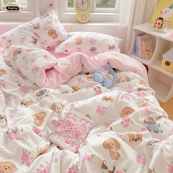 91家纺网 家纺一手货源 找家纺 思诺羽床笠 2025春夏新款小清新105克高克重水洗棉印花四件套 萌宠之家