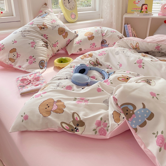 91家纺网 家纺一手货源 找家纺 思诺羽床笠 2025春夏新款小清新105克高克重水洗棉印花四件套 萌宠之家