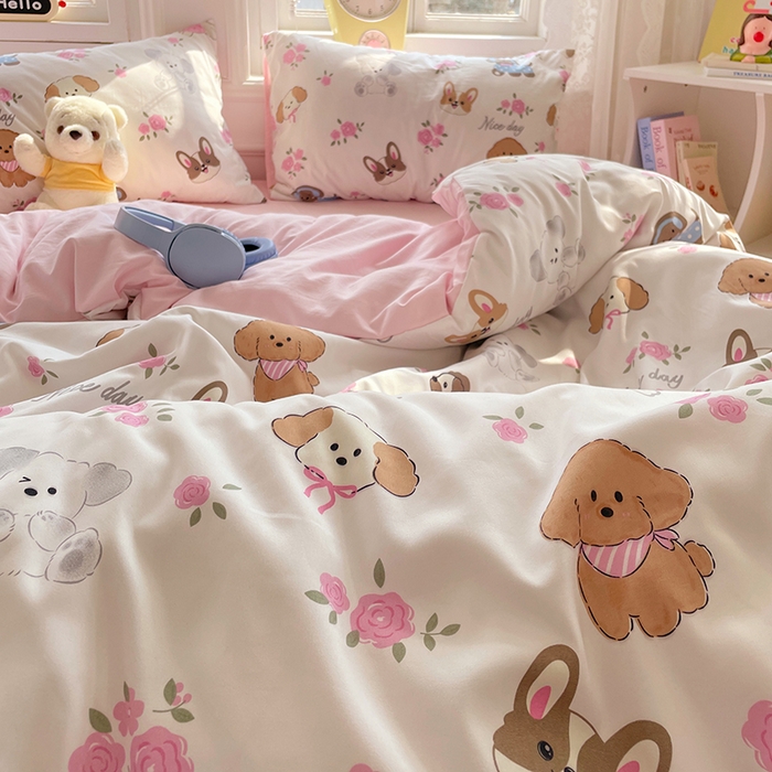 91家纺网 家纺一手货源 找家纺 思诺羽床笠 2025春夏新款小清新105克高克重水洗棉印花四件套 萌宠之家