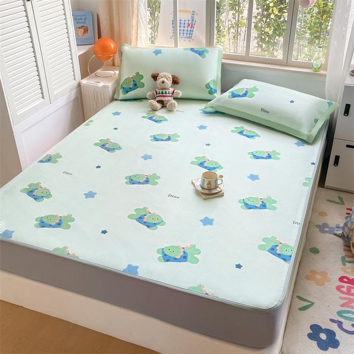 91家纺网 家纺一手货源 找家纺 美澳家纺 2025新款数码印花冰藤席凉席三件套床笠款凉席三件套 恐龙派对