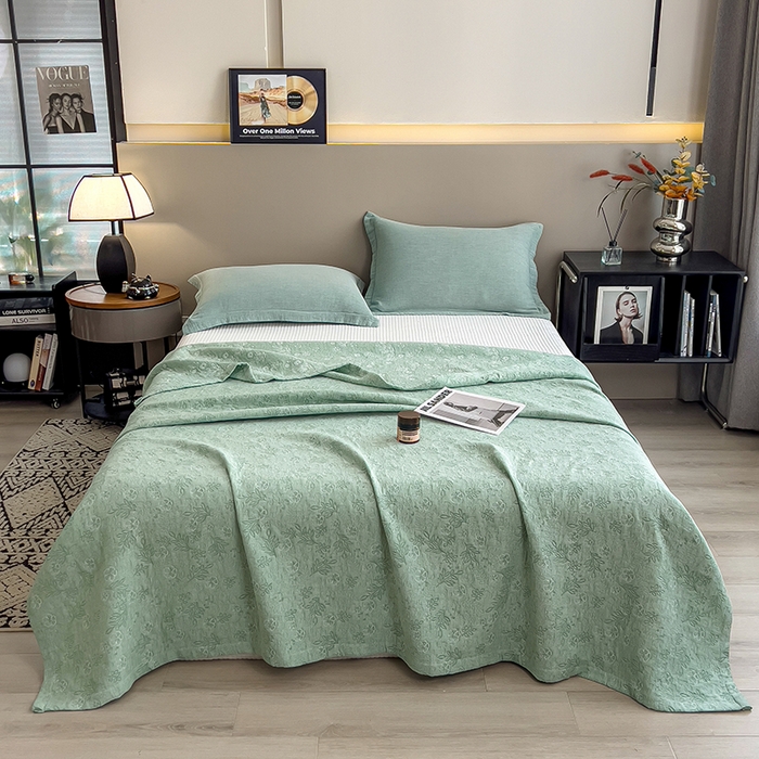 91家纺网 家纺一手货源 找家纺 世纪绒品 2025新款A类全棉纯棉三层纱多功能毛巾被盖毯床单夏被夏凉被空调被 秋韵-绿