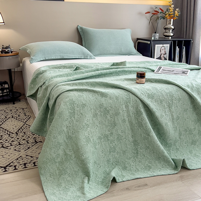 91家纺网 家纺一手货源 找家纺 世纪绒品 2025新款A类全棉纯棉三层纱多功能毛巾被盖毯床单夏被夏凉被空调被 秋韵-绿