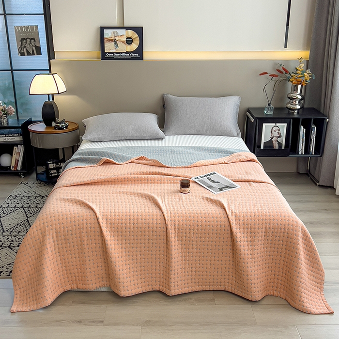 91家纺网 家纺一手货源 找家纺 世纪绒品 2025新款A类全棉纯棉三层纱多功能毛巾被盖毯床单夏被夏凉被空调被 时光-橙粉