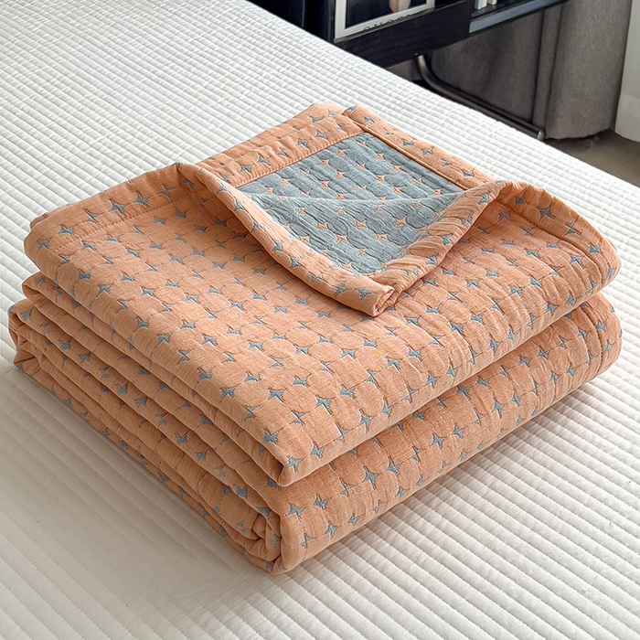 91家纺网 家纺一手货源 找家纺 世纪绒品 2025新款A类全棉纯棉三层纱多功能毛巾被盖毯床单夏被夏凉被空调被 时光-橙粉