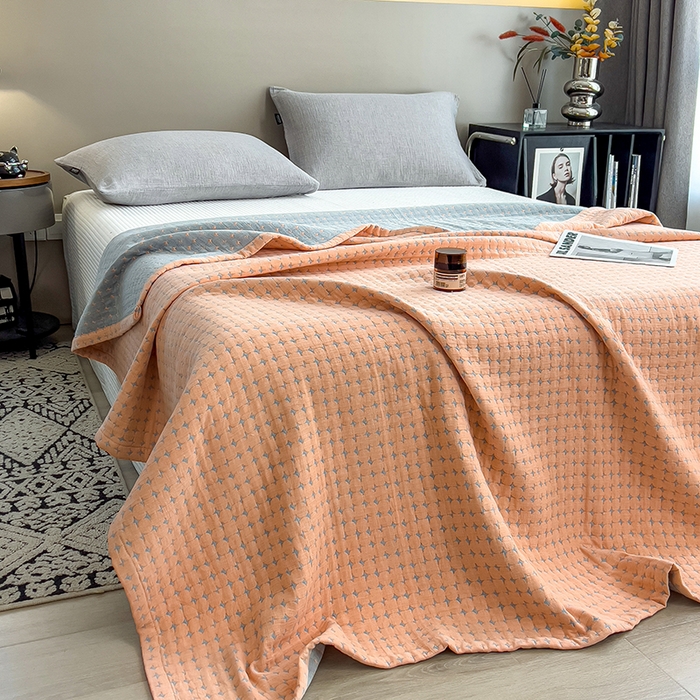 91家纺网 家纺一手货源 找家纺 世纪绒品 2025新款A类全棉纯棉三层纱多功能毛巾被盖毯床单夏被夏凉被空调被 时光-橙粉