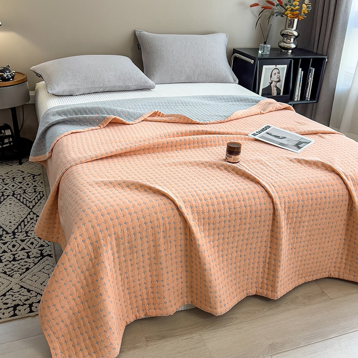91家纺网 家纺一手货源 找家纺 世纪绒品 2025新款A类全棉纯棉三层纱多功能毛巾被盖毯床单夏被夏凉被空调被 时光-橙粉