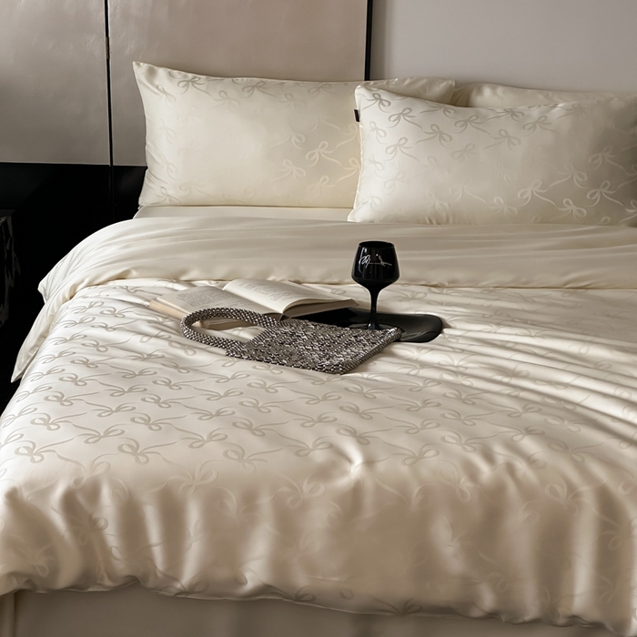 91家纺网 家纺一手货源 找家纺 玉宇阁家居 2025新款60S兰精天丝大提花四件套 半岛茶-奶油色