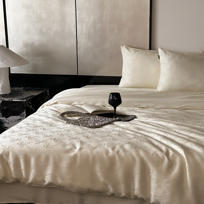 91家纺网 家纺一手货源 找家纺 玉宇阁家居 2025新款60S兰精天丝大提花四件套 半岛茶-奶油色