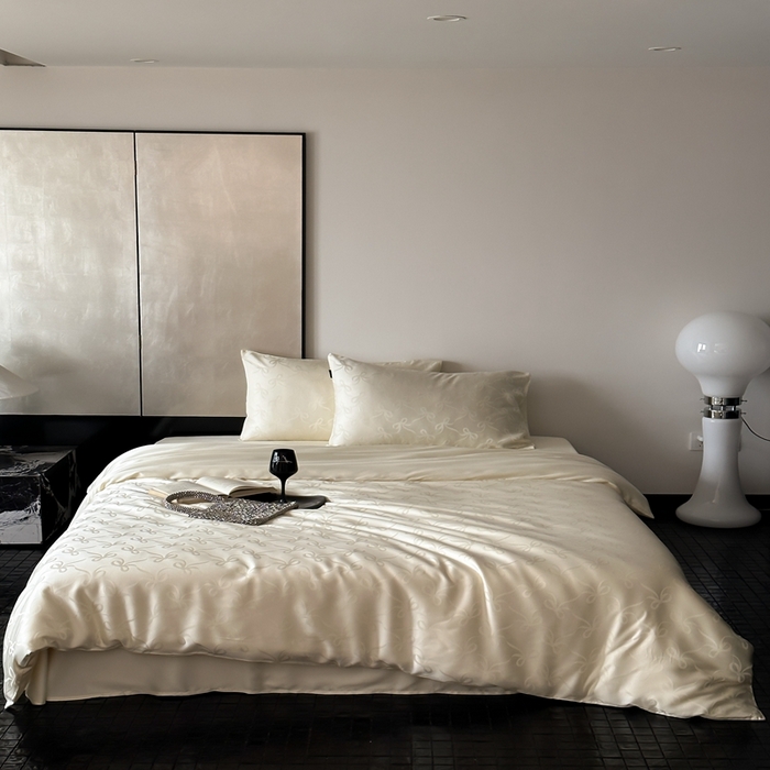 91家纺网 家纺一手货源 找家纺 玉宇阁家居 2025新款60S兰精天丝大提花四件套 半岛茶-奶油色