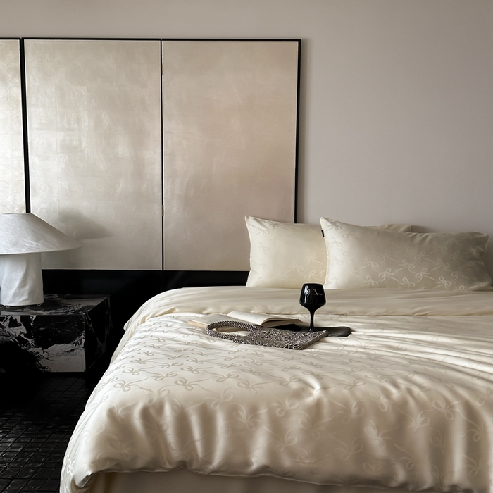 91家纺网 家纺一手货源 找家纺 玉宇阁家居 2025新款60S兰精天丝大提花四件套 半岛茶-奶油色