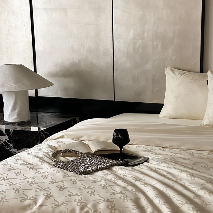 91家纺网 家纺一手货源 找家纺 玉宇阁家居 2025新款60S兰精天丝大提花四件套 半岛茶-奶油色