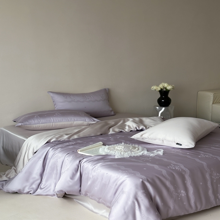 91家纺网 家纺一手货源 找家纺 玉宇阁家居 2025新款60S兰精天丝大提花四件套 青山美宿-紫芙