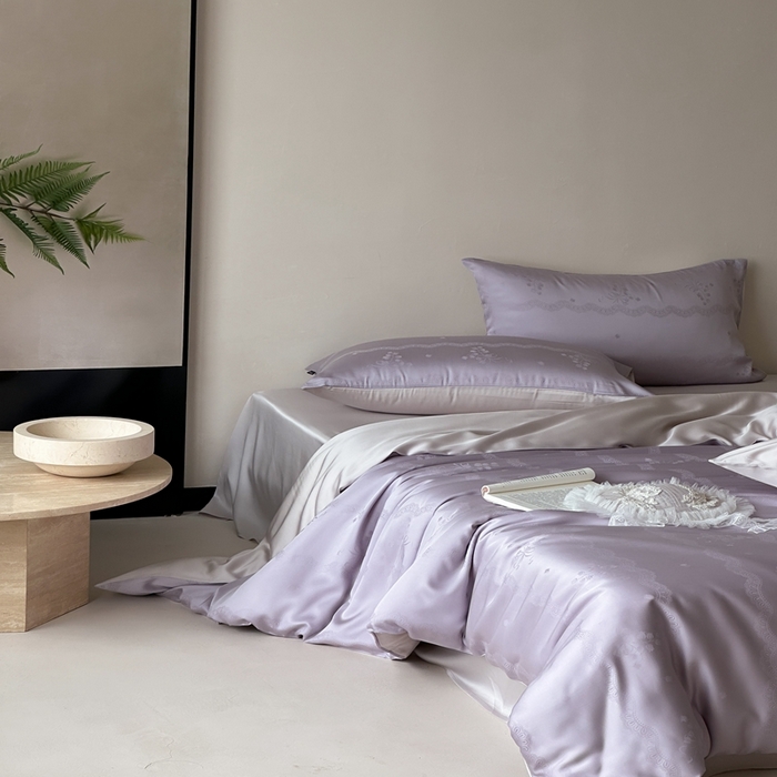 91家纺网 家纺一手货源 找家纺 玉宇阁家居 2025新款60S兰精天丝大提花四件套 青山美宿-紫芙