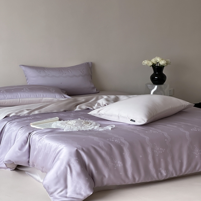 91家纺网 家纺一手货源 找家纺 玉宇阁家居 2025新款60S兰精天丝大提花四件套 青山美宿-紫芙