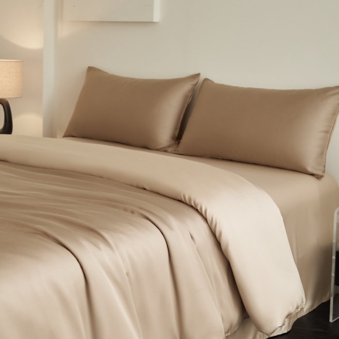 91家纺网 家纺一手货源 找家纺 ONE TWO ONE 121 2025【新款60支进口兰精天丝口袋枕款四件套】双拼四件套床上床品四件套被套床单床笠 可可棕