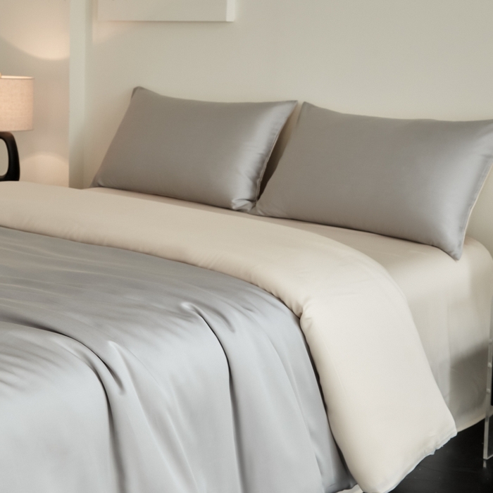 91家纺网 家纺一手货源 找家纺 ONE TWO ONE 121 2025【新款60支进口兰精天丝口袋枕款四件套】双拼四件套床上床品四件套被套床单床笠 慵懒灰