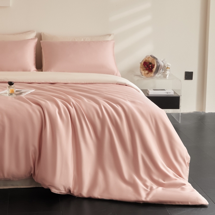 91家纺网 家纺一手货源 找家纺 ONE TWO ONE 121 2025【新款60支进口兰精天丝口袋枕款四件套】双拼四件套床上床品四件套被套床单床笠 妃洛粉