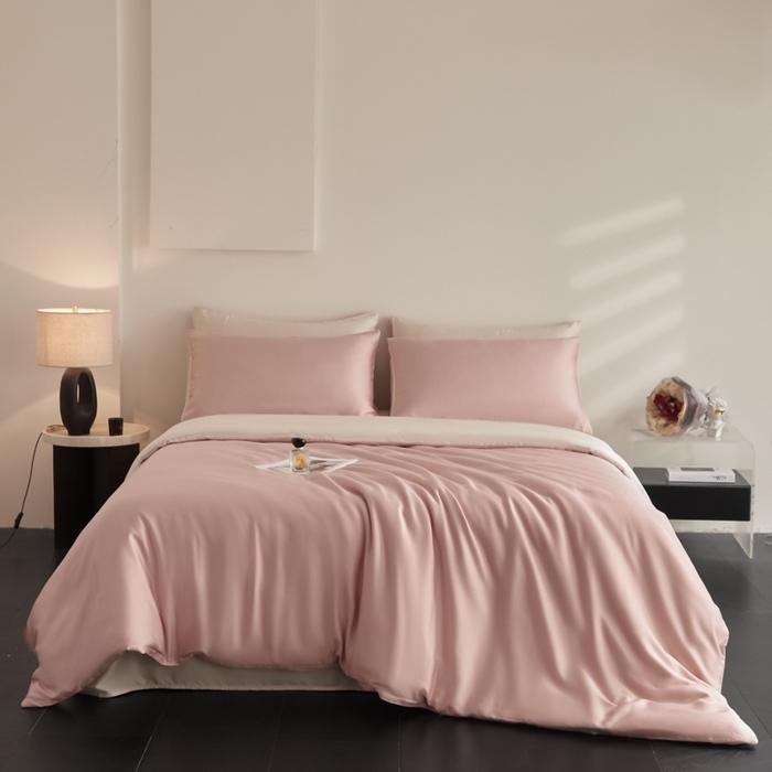 91家纺网 家纺一手货源 找家纺 ONE TWO ONE 121 2025【新款60支进口兰精天丝口袋枕款四件套】双拼四件套床上床品四件套被套床单床笠 妃洛粉