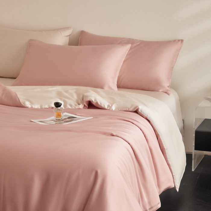 91家纺网 家纺一手货源 找家纺 ONE TWO ONE 121 2025【新款60支进口兰精天丝口袋枕款四件套】双拼四件套床上床品四件套被套床单床笠 妃洛粉