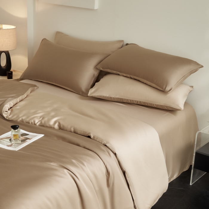 91家纺网 家纺一手货源 找家纺 ONE TWO ONE 121 2025【新款60支进口兰精天丝口袋枕款四件套】双拼四件套床上床品四件套被套床单床笠 可可棕