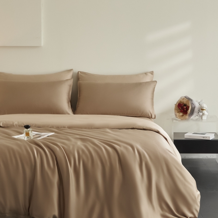 91家纺网 家纺一手货源 找家纺 ONE TWO ONE 121 2025【新款60支进口兰精天丝口袋枕款四件套】双拼四件套床上床品四件套被套床单床笠 可可棕