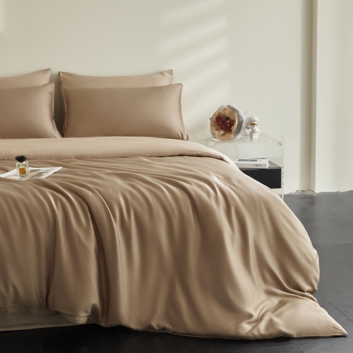 91家纺网 家纺一手货源 找家纺 ONE TWO ONE 121 2025【新款60支进口兰精天丝口袋枕款四件套】双拼四件套床上床品四件套被套床单床笠 可可棕