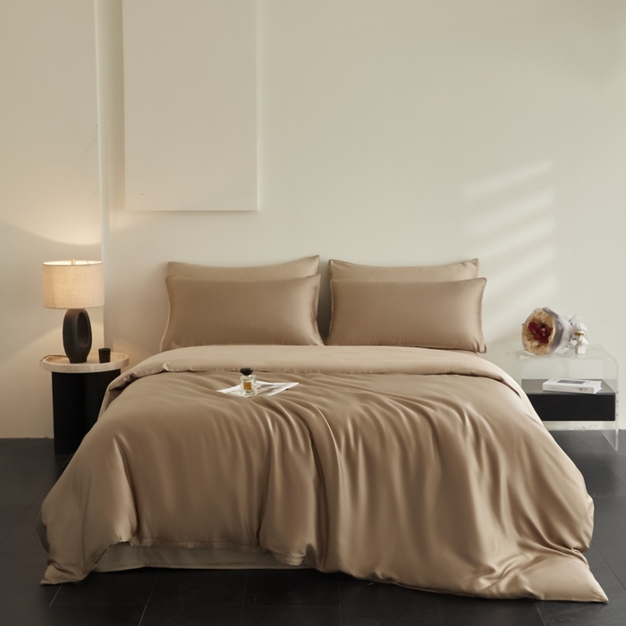 91家纺网 家纺一手货源 找家纺 ONE TWO ONE 121 2025【新款60支进口兰精天丝口袋枕款四件套】双拼四件套床上床品四件套被套床单床笠 可可棕